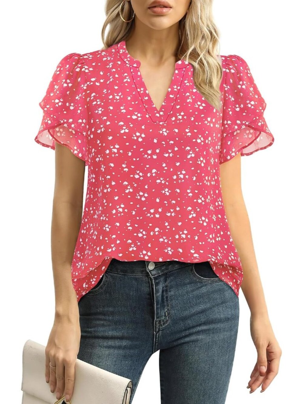Women's Pink Dot Polyester Puff Petal Short Sleeve Dressy Chiffon Blouse